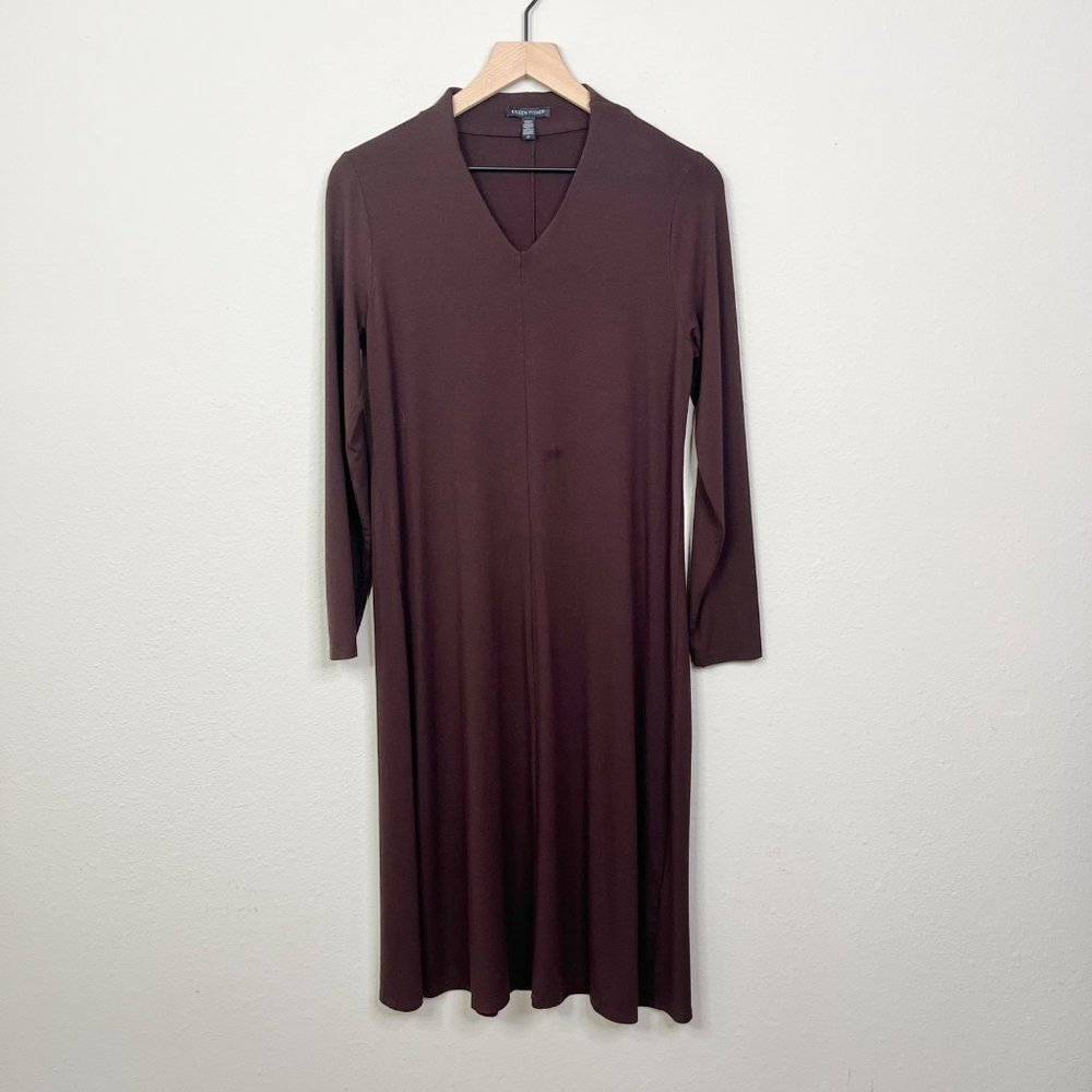 Eileen Fisher Women's Brown V-Neck Calf Length Dress Size Small Long Sleeve - Picture 3 of 12